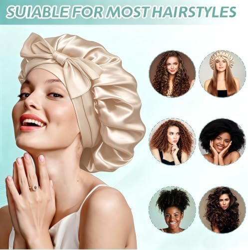 VECIIR Silk Bonnet for Sleeping Women，Hair Bonnet for Sleeping Silk Night Cap for Curly/Natural Hair Skin ‌Beige, Large - Image 6