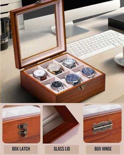 Watch Box, Watch Case for Men Women with Large Glass Lid, Wooden Watch Display Storage Box with 6 - Slots, Classic Walnut 6x2 Mens Watch Box Organizer - Image 3
