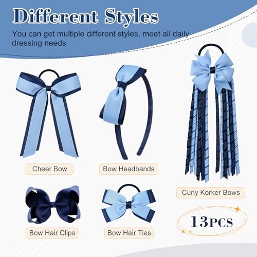 DEEKA Light Blue & Navy School Hair Accessories Set 13 Pcs Uniform Hair Bow Headband Clips Hair Ties Curly Korker Bows for Little Toddler School Girls (Light Blue&Navy) - Image 2
