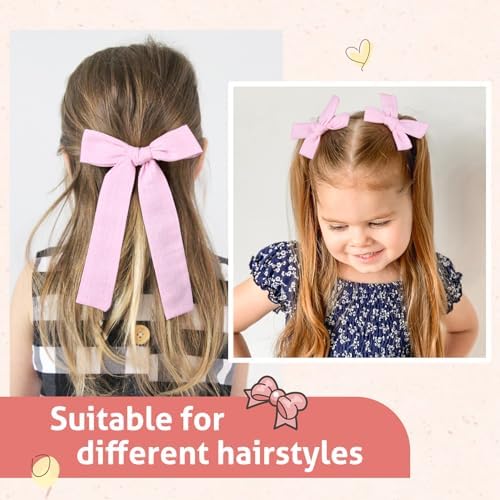DEEKA Light Pink Cotton Linen Hair Bows 2 Sizes 5"&3.5" Soft Hair Bow set for Toddler Girls Long Ponytail Knot Bows Alligator Clip Hair Accessories for Little School Girls (Light Pink) - Image 4