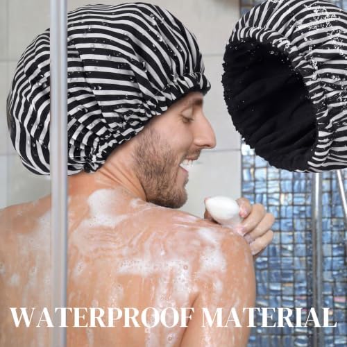 Shower Cap for Men Black Bath Cap, Reversible Terry Lined Large Waterproof Adjustable Shower Caps Elastic Band Stretch Hem Hair Hat for braids - Image 3