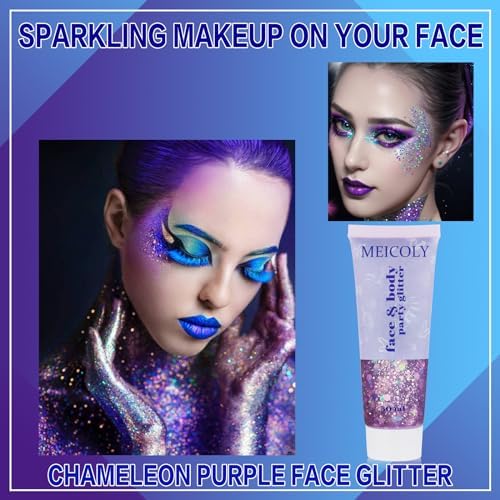 MEICOLY Chameleon Purple Hair Glitter,Holographic Chunky Game Day Spirit Wear Face Glitter,Halloween Accessories for Women,Self-Adhesive Color Changing Mermaid Body Glitter - Image 2
