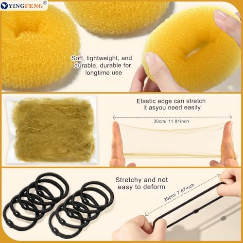 YINGFENG 134 Pcs Gold Hair Bun Maker Kit Medium - 4 Bun Hair Pieces for Women, 20 Hair Net for Buns, 100 Bobby Pins for Women, 10 Hair Bands, for Ballet Styling, Hair Accessories for Girls - Image 7