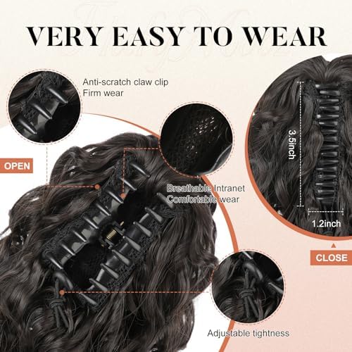 Flufymooz Ponytail Extension, 12" Short Claw Ponytail Extension Wavy Curly Jaw Clip in Pony tails Hair Extension Natural Synthetic Hairpiece for Women (Black Brown) - Image 4