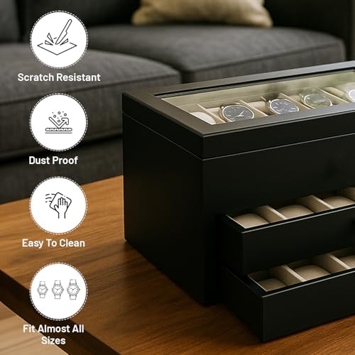 Bey-Berk Duke Matte Black Wood Watch Box – 36-Slot Organizer with Glass Top, 2 Drawers & Velour Lining - Image 3