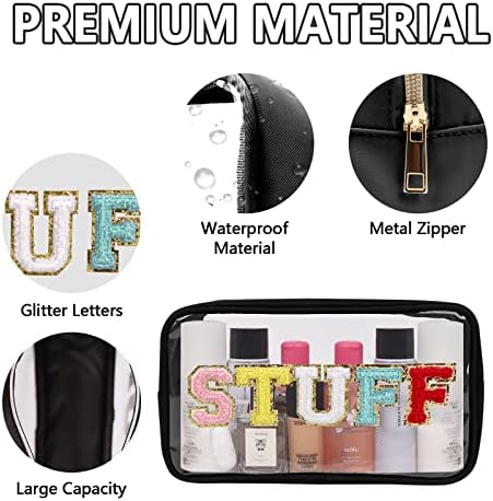 Iqimott Clear Patch Makeup Bag Stuff Pouch, Preppy Personalized Chenille Letter Cosmetic Pouch for Travel, Nylon Waterproof Organizer Travel Essentials Zipper Toiletry Bags for Women Girls(Black) - Image 3