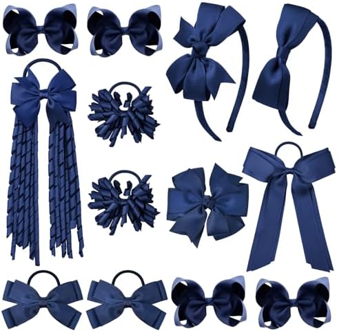 DEEKA Navy Blue School Hair Accessories Set 13 Pcs Uniform Hair Bow Headband Clips Hair Ties Curly Korker Bows for Little Toddler School Girls (Navy) by DEEKA