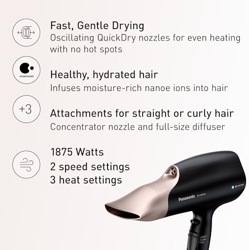 Panasonic Nanoe Salon Hair Dryer with Oscillating Quickdry Nozzle, Diffuser & Concentrator Attachments, 3 Heat & 2 Speed Settings, Japanese Technology for All Hair Types – EH-ANA6HN (Black/Pink Gold) - Image 2