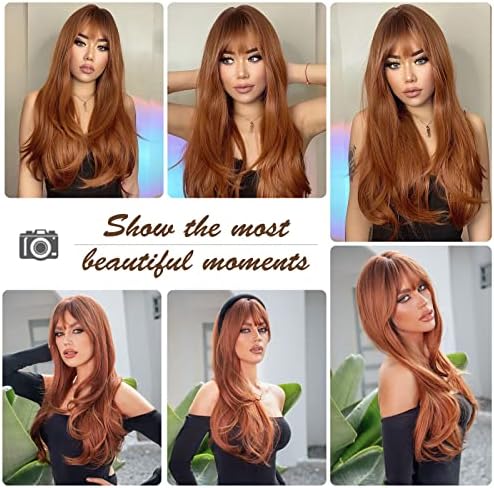 HAIRCUBE Long Auburn Wig with Bangs Layered Curly Orange Wigs for Women Natural Synthetic Wigs for Daily Use (pelucas de cabello natural) - Image 3