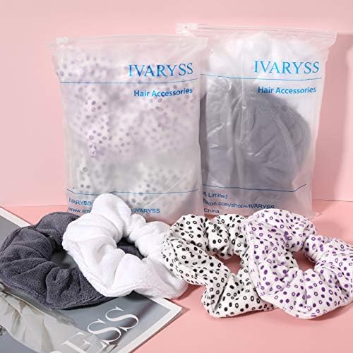 IVARYSS Super Towel Scrunchies for Drying Hair, Absorbent and Soft Microfiber for Frizz Free, Large Thick Ponytail Holder Wet Hair Accessories for Women and Girls, 4 PCS (White Grey) - Image 7