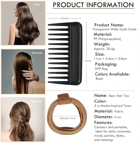 Wide Tooth Comb & Bear Hair Ties Gift Set | 10-Piece Detangling Travel Comb Set (Black Comb + Maillard Colors) for Curly & Thick Hair - Image 6