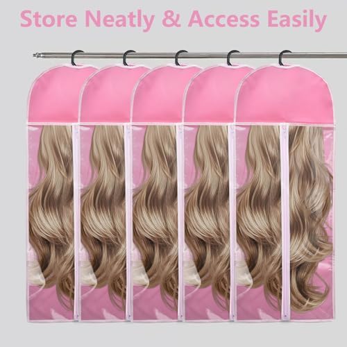 5Pcs 31.5in Hair Extension Holder Wig Storage Bag with Hanger, Pink - Image 6