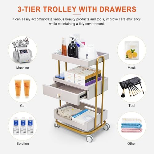 Elitzia 3-Tier Beauty Rolling Cart with Drawer for Salon SPA Grey - Image 3