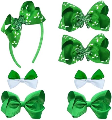 7Pcs St. Patrick's Day Hair Bows Clips for Girls Hair Accessories Toddler Bows for Girls Kids(Green) by JUCCPUL