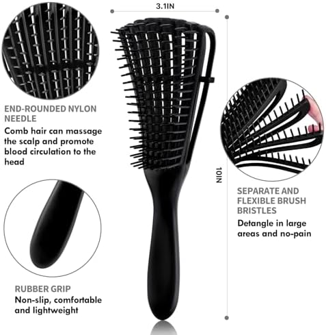 4pcs Curly Hair Brush Set for Adult & Kids Wet or Dry, Detangling Brush for 3/4ABC Hair with Detangler Spray Bottle & Wide Tooth Comb (3+1, Black) - Image 3
