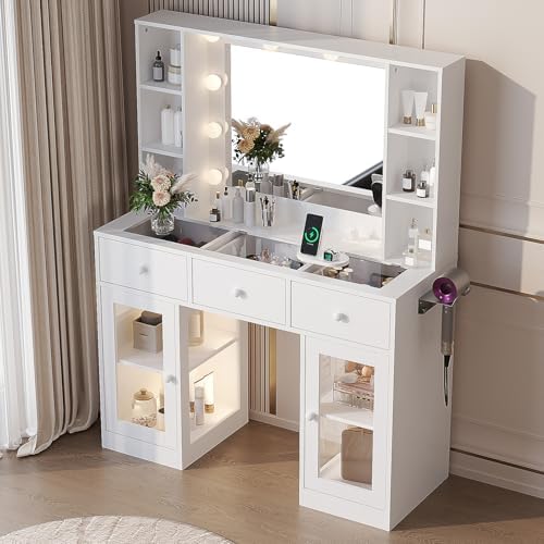 VINGLI Vanity Desk with Mirror and Lights, Glass Top Makeup Vanity Table w/Glass Lighting Cabinets & Power Outlets & Hairdryer Holder,54in White Dressing Table, Gifts for Girls - Image 6