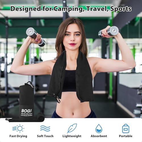 BOGI Microfiber Travel Sports Towel-Quick Dry Towel, Soft Lightweight Microfiber Camping Towel Absorbent Compact for Camping Gym Yoga Swimming Backpacking (L:60''x30''+16''x16''-Black) - Image 4