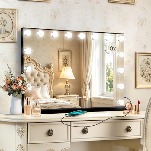 Ratsamee Black Hollywood Vanity Mirror with Lights, 17 Dimmable Bulbs, 3 Color Lights,Make Up Lighted Mirror, Aluminum Metal Frame, USB Charging Port（26" x 20"） by RATSAMEE