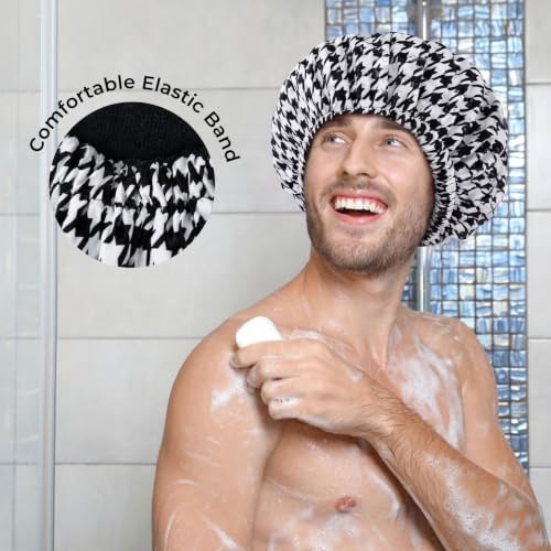 Shower Cap for Men Black Bath Cap, Reversible Terry Lined Large Waterproof Adjustable Shower Caps Elastic Band Stretch Hem Hair Hat for braids - Image 4