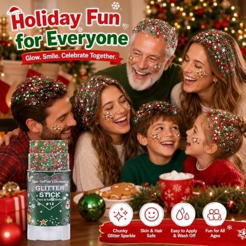 Christmas Hair Glitter Stick,Red and Green Silver Face Body Glitter Makeup,Waterproof Christmas Outfits for Women, Stocking Stuffers Sparkling Party Gift for Girls,Chunky Glitter Makeup - Image 5