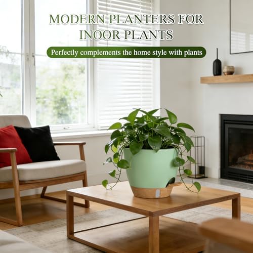 Self Watering Pots with Drainage Holes, 2 Pack 10 Inch Plant Pots with Water Level Indicator Deep Reservoir, Large Plastic Planter for Indoor Outdoor Plants - Green - Image 7