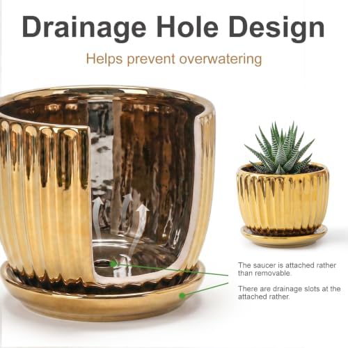 Plant Pots,Ceramic Flower Pots with Drainage Holes & Saucers Set of 3（Gold） - Image 4