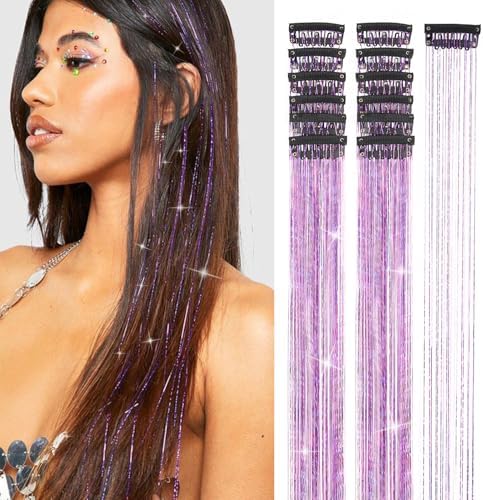Purple Hair Tinsel 12Pcs 20.5 Inch Clip in Fairy Hair Tinsel Kit for Women Girls Glitter Hair Accessories for Christmas Halloween Cosplay Party (Purple) by Ubeleco