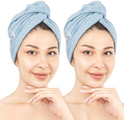 American Soft Linen 100% Cotton Hair Towels for Women, Head Towel Cap, Cotton Hair Turban Towel Wrap for Long Curly Anti Frizz Hair, Soft and Absorbent Cotton Hair Towels 2 Pack, Sky Blue by AmericanSoftLinen