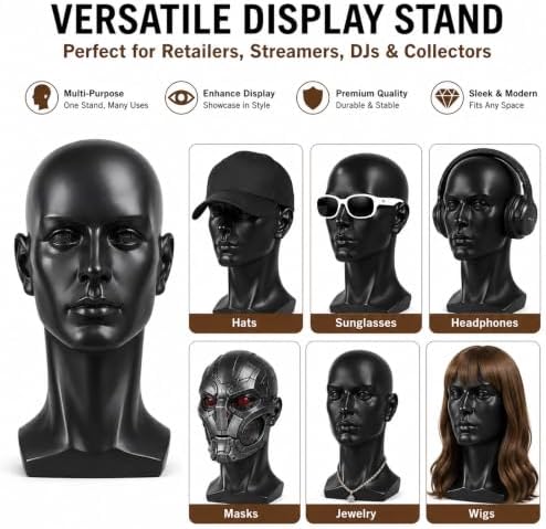 Mannequin Head Male Face Model Display Stand for Wigs Hat Glasses Mask Headphone (black) - Image 5