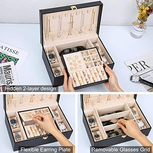 LANDICI 2-Layer Jewelry Box with 4 Watch Slots and Removable Tray, Black - Image 2