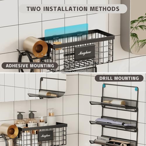 Magheo Hair Dryer Holder Wall Mounted, Adheisve Hair Tool Organizer for hair Brush/Appliance Wall Mount with 5 Tier Shelf Basket Hooks Blow Dryer and Straightener Holder for Bathroom(Black) - Image 5