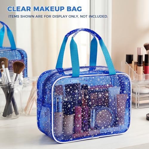 Clear Deep Blue Star Large Makeup Bag with Star Pattern (12x5x8 inches), Travel Cosmetic Bag with Handle, Durable PVC Material, Zipper Opening Design—Ideal for Makeup Travel Organization or Gym Use - Image 4