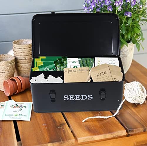 Seed Saving Box, Metal Seed Bin, Seed Storage Organizer, Seed Packet Container with Lid, Seed Envelope Storage Box, 4 Compartments Garden Seed Bin with Safety Locks-Black - Image 6