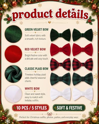YHXX YLEN 10PCS Christmas Hair Bows for Girls, 2.76 Inch Velvet Bows Clips - Image 3