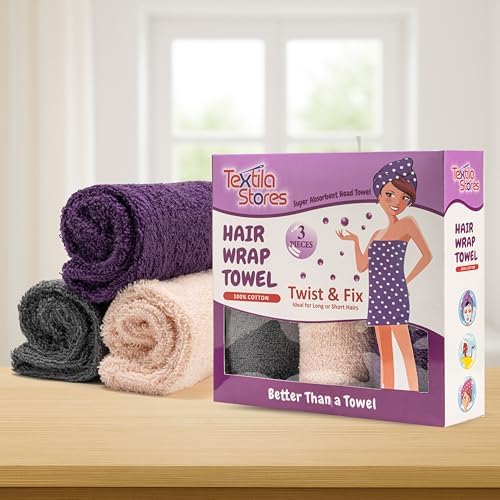 Textila 100% Cotton Hair Wrap Towels for Women (Pack of 3, Plum, Pink & Grey) – Soft & Absorbent Turban Towels for Long, Curly, Frizz-Prone Hair - Image 2