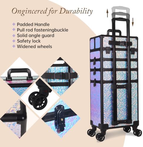 5 in 1 Rolling Makeup Train Case Professional Cosmetic Trolley Large Storage Organizer on Wheels for Hairstylist Artist Nail Beauty Salon Barber Shiny Purple - Image 4