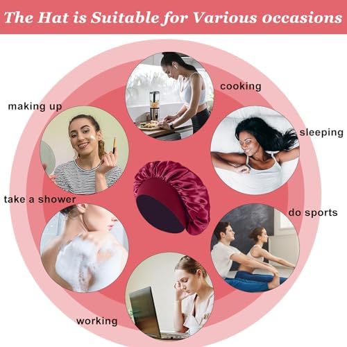 4PCS Silk Bonnet for Sleeping,Hair Wrap Satin Bonnets Shower Cap for Black Women Men, Elastic Wide Band Hair Bonnet Cap for Sleeping Curly Hair(Black & Wine Red & Purple & Brown) - Image 5