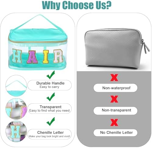 Chenille Letter Clear Makeup Bags Hair Pouch Preppy Patch Makeup Bag Zipper with Handle Transparent PVC Waterproof Glitter Cosmetic Handbag Travel Toiletry Storage for Women Girl Valentine's Day - Image 4
