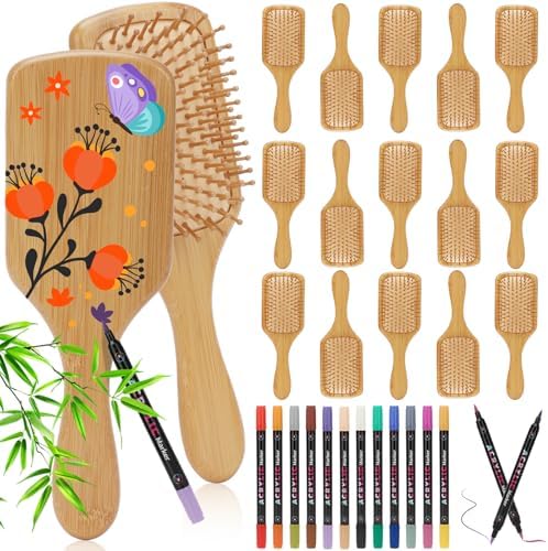 16PCS DIY Bamboo Hair Brush Painting Kit Bulk with 12 Pens for Decor Square by SAYAYA