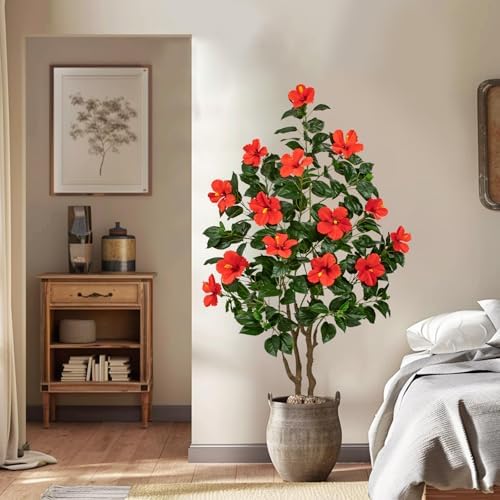 Briful 63" Artificial Hibiscus Trees 2 Pack, Faux Tropical Plants, Red - Image 6