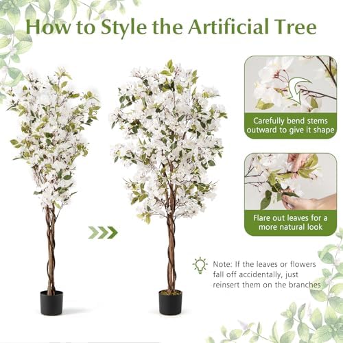 Goplus 6 FT Bougainvillea Artificial Tree, Faux Flower Tree in Pot with 910 Flowers, 105 Leaves, Real Wood Trunk, Tall Fake Floor Plant, Artificial Plants for Indoor Bedroom Living Room Decor, White - Image 5