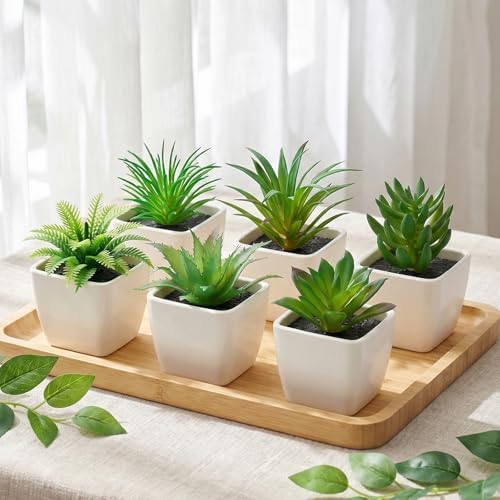 Woration 6pcs Realistic Fake Succulents Plants Potted Decoration Small Artificial Succulent Faux Greenery Model Set for Wedding Holiday Shelves Bathroom Indoor Decor - Image 6