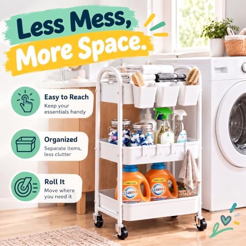 3 Tier Heavy Duty White Metal Rolling Cart with Lockable Wheels, Baby Carts - Image 5