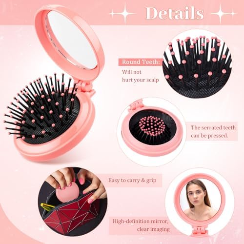Sliner 24 Pcs Mini Hair Brush with Mirror and Scrunchies, Pink - Image 4