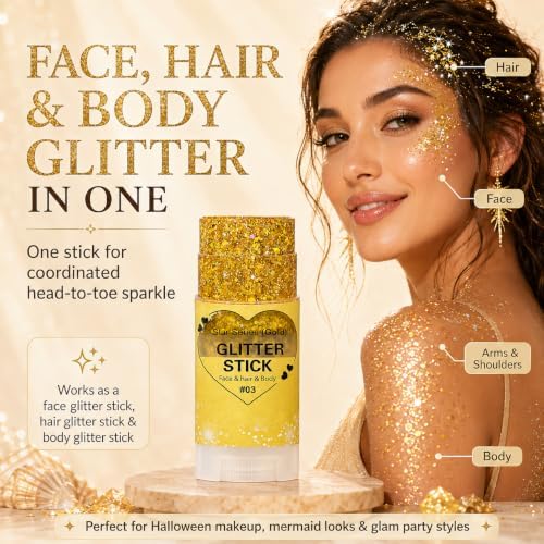 Gold Hair Glitter Stick, Yellow Face Body Glitter Makeup for Women, School Spirit Week Game Day Cheer Football Accessories, Chunky Sequins for Halloween Singer Concert Rave Festival Mardi Gras - Image 5
