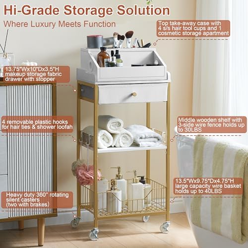 Makeup Organizer Cart, Rolling Vanity Storage, Gold and White - Image 3