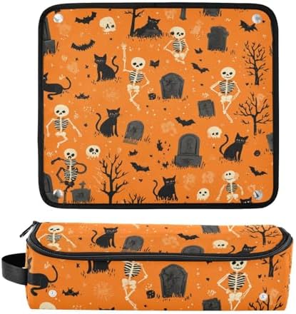 Hair Tools Travel Bag with Heat Resistant Mat 2-in-1 Hot Tools Travel Bag Organizer Flat Curling Iron Travel Case for Straightener Halloween Orange Skeletons Cat Bats Tombstones Trees - Image 3