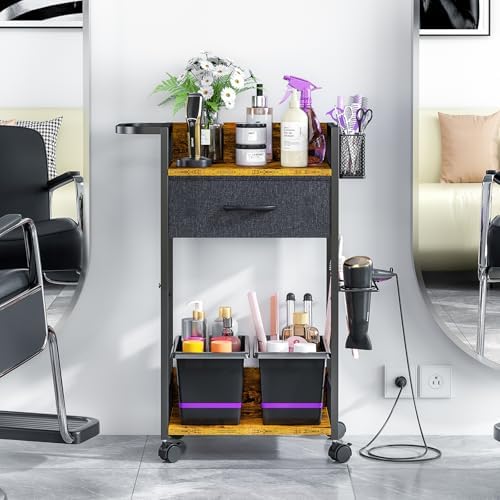 Salon Trolley Cart with Wheels, Mobile Hair Stylist Station with Metal Tool Holder & Basket, Rolling Barber Table with Fabric Drawer, Storage for Salon, Barbershop, Spa & Tattoo, Black - Image 3