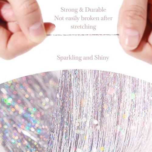 Hair Tinsel 8 Packs 1600 Strands 50 Inch Tinsel Hair Extensions White Heat Resistant Glitter Sparkling Shinny Fairy Hair Accessories for Women(White, 50Inch) - Image 3