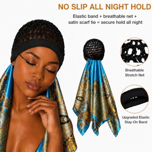 2 in 1 Wrap Cap Hair Net and Scarf for Silk Press, Satin Wrap Cap Bonnet for Women, Adjustable Stay-On Sleep Hair Net Scarf for All Hair Types - Image 2